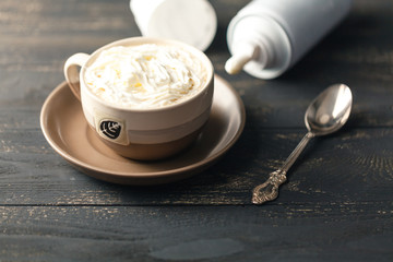 coffee on wood table background