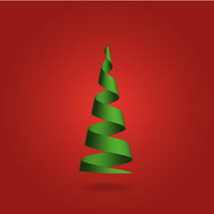 Christmas tree made of green ribbon on red background. Modern design 3D vector illustration.