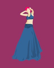 Sexy woman silhouette in blue evening dress. Girl rise her hands to head