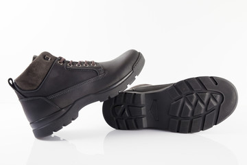 Male black leather boot on white background, isolated product.