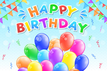 Happy Birthday - colourful card with balloons and confetti. Vector.