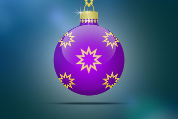 Eine lila Weihnachtskugel mit Sternen Ornamenten hängend mit Bokeh Blendenflecken