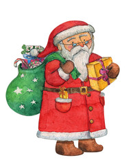 Cute Santa Claus wishing a Merry Christmas and Happy New Year with gifts bag, watercolor, hand drawing, aquarelle, isolated clipping path