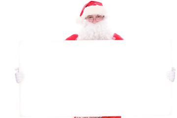 Kind Santa Claus holding copy space area, isolated on white background