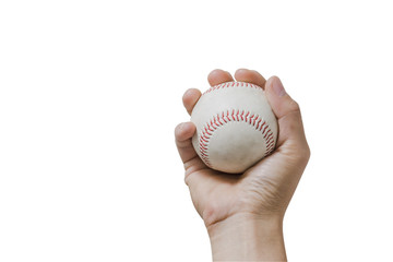 Close up hand holding a baseball on white background. File contains a clipping path.