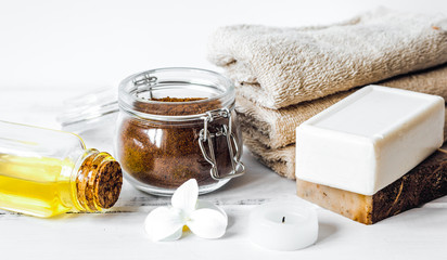 Preparation for spa treatments on white background