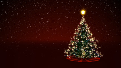 3d illustration of a glowing decorated Christmas tree with snow and a red festive background