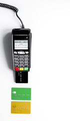 payment terminal with card on white background top view