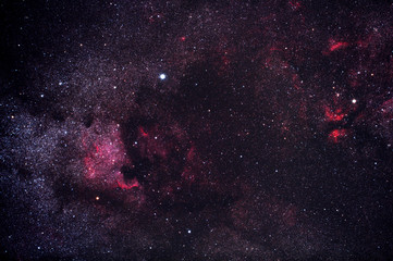 the nightly starry sky with the North America Nebula and the star Deneb