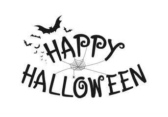 Happy halloween lettering with spider, web and bats. Halloween calligraphy design for banner, invitation, greeting card, poster, brochure or graphic template.