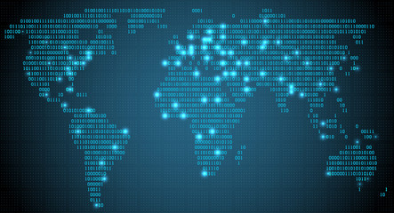 Abstract world map with digital binary continents, glowing cities, well organized layers