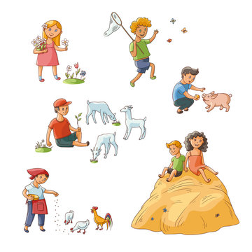 vector flat kids at farm set. boy sitting at meadow grazing goats, girl, boy feeding chickens pig, kids collecting flowers, butterflies, sitting at haystack. Isolated illustration on white background.