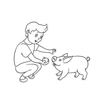 vector flat cartoon young teen boy feeding domestic animal - small piglet. Children at farm concept. Isolated illustration on a white background.