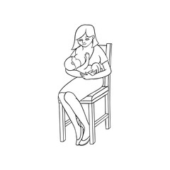 vector flat monochrome adult cute woman girl in dress sitting at chair with infant newborn baby toddler on knees breast feeding smiling. Isolated illustration on white background for coloing book