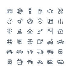 Vector thin line icons set and graphic design elements. Illustration with transport, navigation outline symbols. Driver license, wheel, gas station, road service, GPS, traffic light linear pictogram