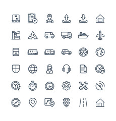 Vector thin line icons set and graphic design elements. Illustration with Logistic, delivery business, distribution outline symbols. Service, export, shipping, transport linear pictogram