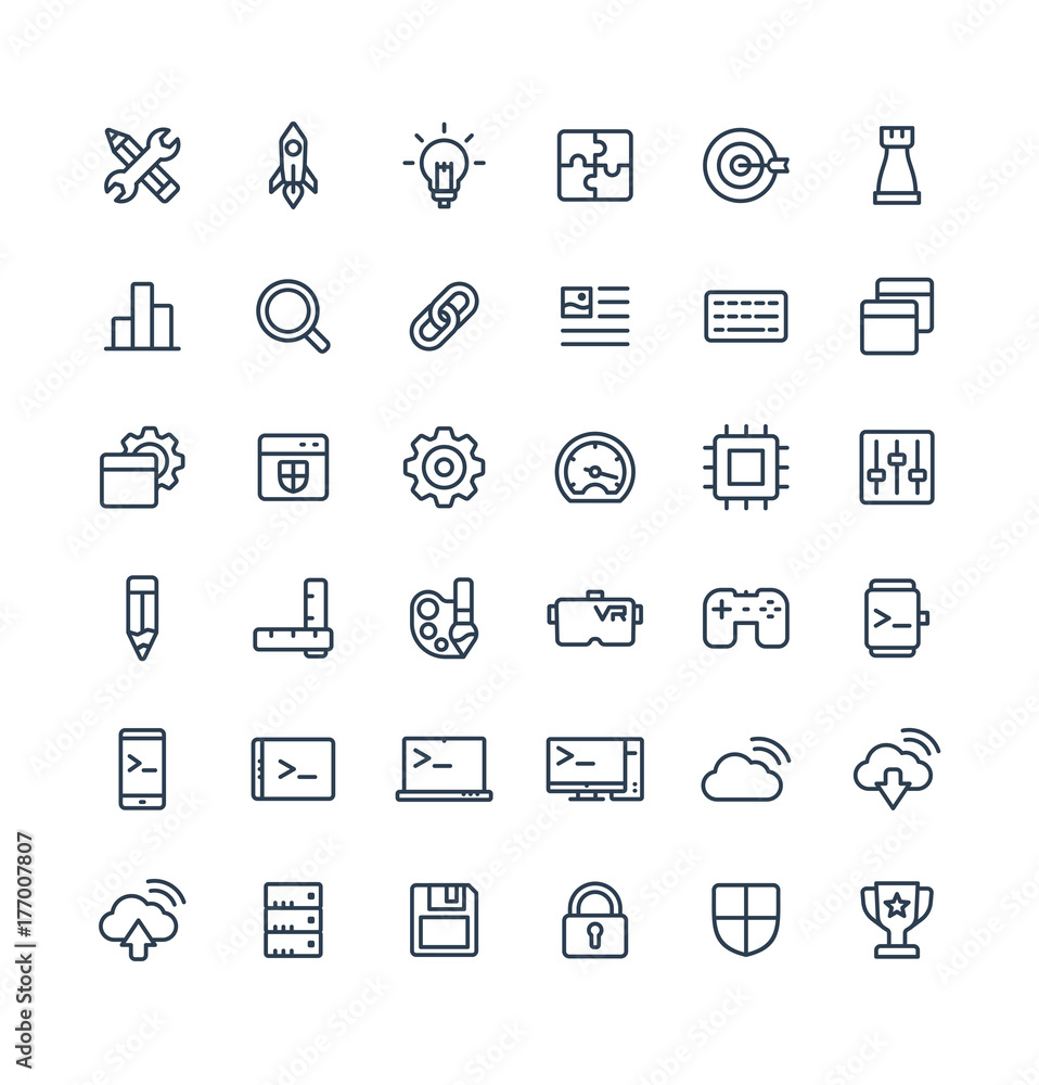 Poster vector thin line icons set and graphic design elements. illustration with digital development outlin