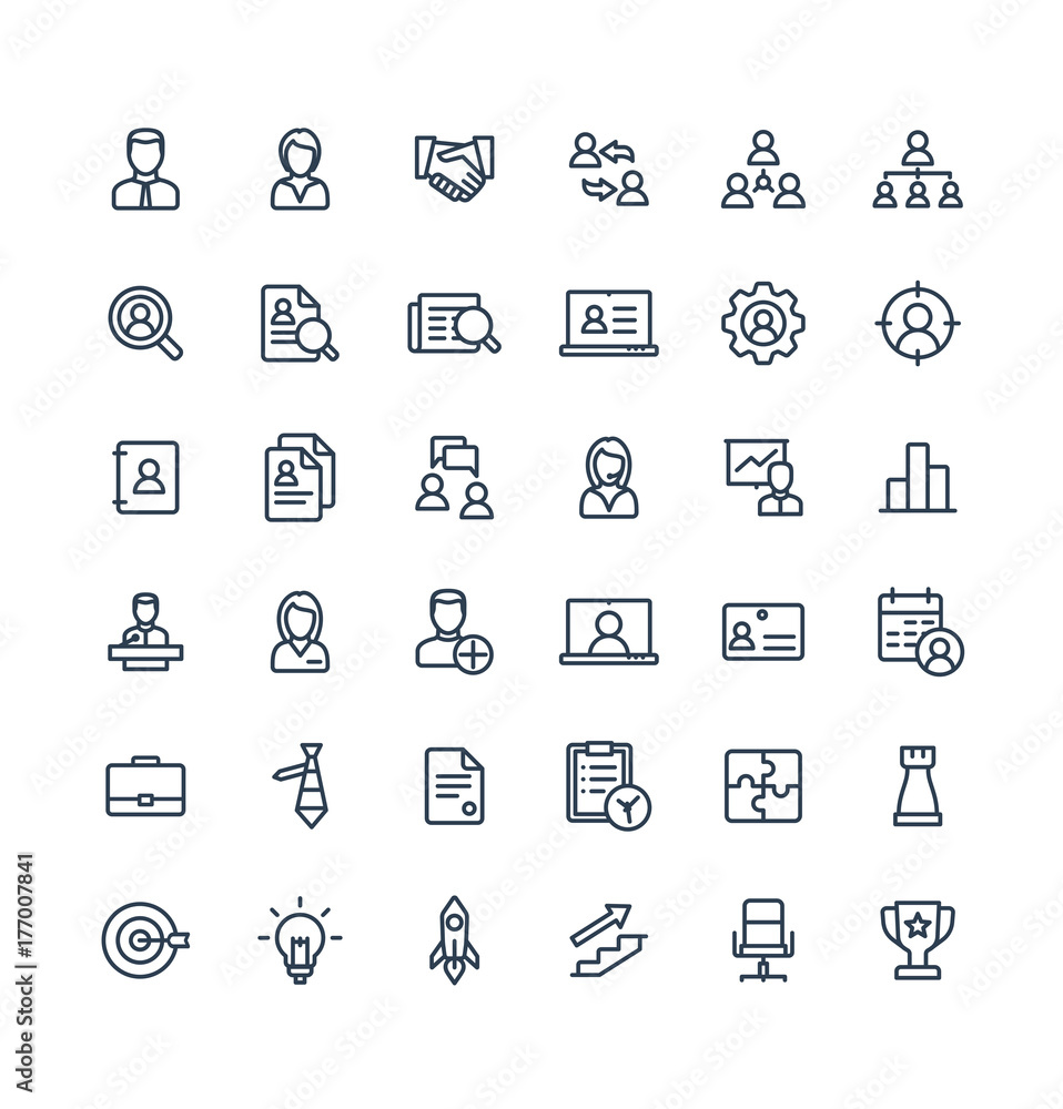 Poster vector thin line icons set and graphic design elements. illustration with business and management ou