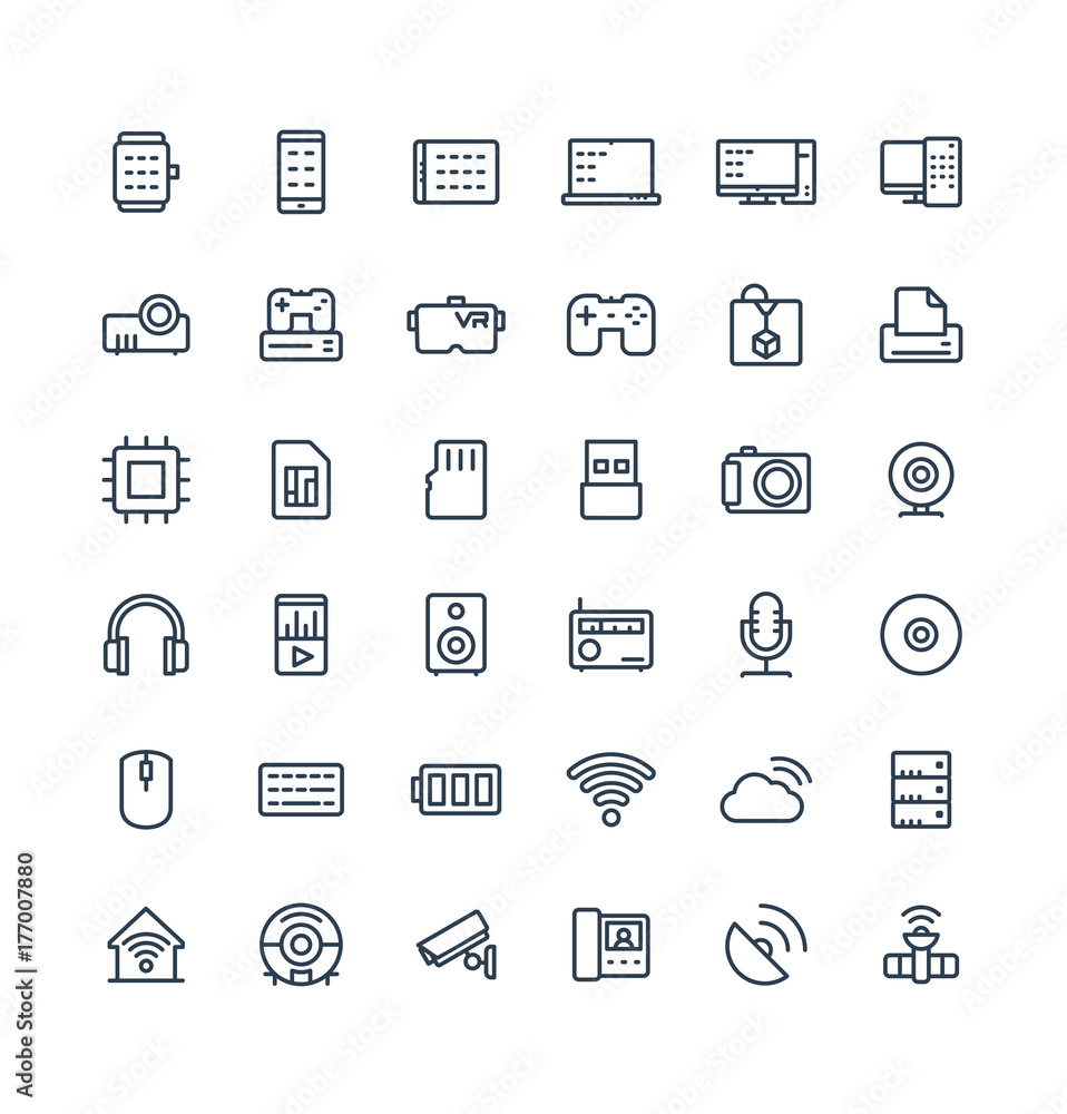 Poster vector thin line icons set and graphic design elements. illustration with digital and wireless techn