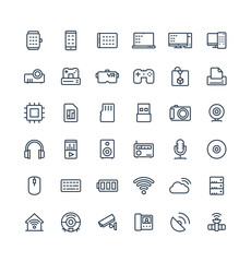 Vector thin line icons set and graphic design elements. Illustration with digital and wireless technology outline symbols. Smart phone, laptop, tablet, pc, virtual reality, 3d print linear pictogram