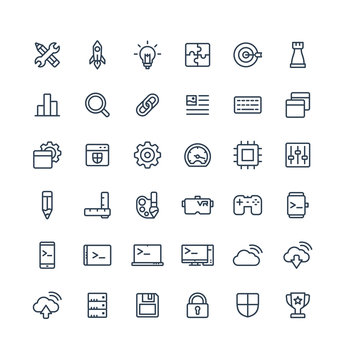 Vector thin line icons set and graphic design elements. Illustration with digital development outline symbols. Startup, idea bulb, research, game, content, software, app programming linear pictogram