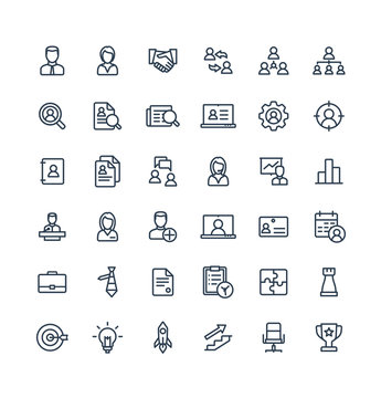 Vector thin line icons set and graphic design elements. Illustration with business and management outline symbols. Marketing research, strategy, work people, career, job interview linear pictogram