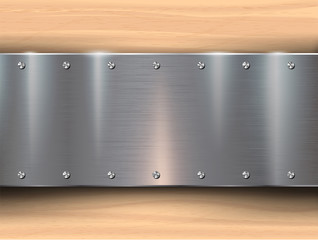 Metal plates on wooden background.