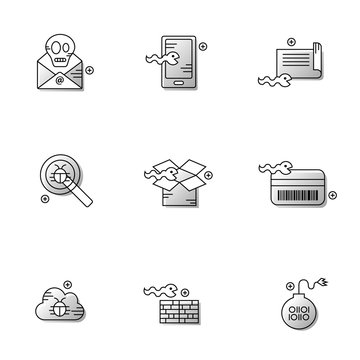 Set of bug firewall worm phishing signs and broken credit card vector icon set 