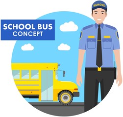 Education concept. Detailed illustration of driver in uniform on background with yellow school bus in flat style. Vector illustration.