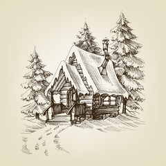 Winter cabin exterior. Pine trees forest and snow