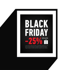 Black Friday sale inscription design template. Sale 25% off sitewide. Black banner in flat style. Shopping online