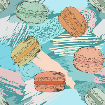 Seamless pattern with French sweet dessert macaroons on watercolor splashes