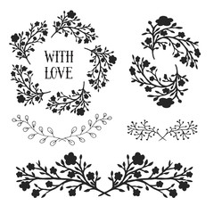 Floral design elements set, frames and borders. Vector decorative elements. Can use for birthday card, wedding invitations, prints, holidays decorations.
