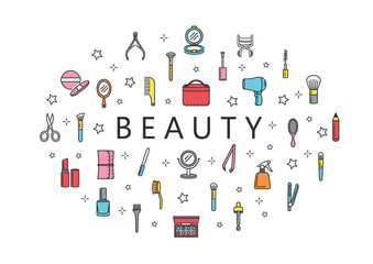 Many Beauty tool and Accessories around wording. Illustration about woman equipment and makeup.