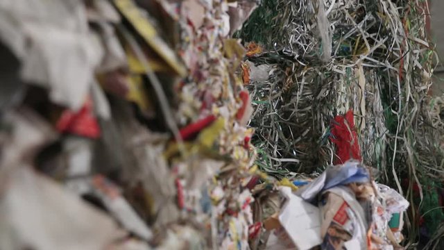 Garbage truck unloads the waste paper at the garbage recycling plant. Close-up shot. Big Factory For Recycling Paper and Carboard. Processing of secondary resources. Paper recycling. Large enterprise.