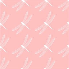 Seamless pink pattern with white silhouette dragonflies. Dragonflies. vector seamless pattern. hand drawn graphic illustration