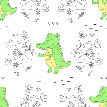 Seamless pattern with cute crocodile. vector print.
