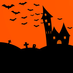 Halloween dark castle with bats. Flat vector illustration