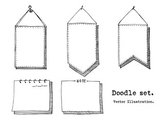 Hand drawn cartoon vector set of paper sheet, tag, sticky note. header, banner, item sketch. Doodle style illustration. Collection of doodle icons