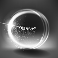 Circular, eclipse flare, swirl light effect with sparkles and glow. Abstract magic shiny eclipse round frame, motion streak, vortex, glowing fog with stars trail