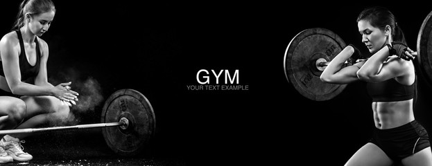 Sporty and fit blond woman with dumbbell exercising at black background to stay fit. Workout and...