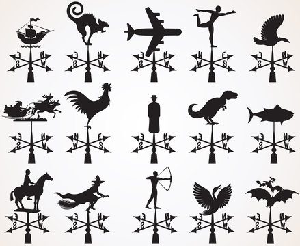 Hand drawn Image. Set of different weather vanes