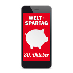 Smartphone mit rotem Display und Sparschwein für den Weltspartag am 30. Oktober