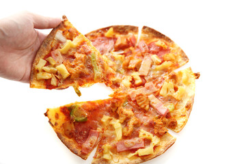 pizza , chicken green pepper pineapple on hand isolated in white background