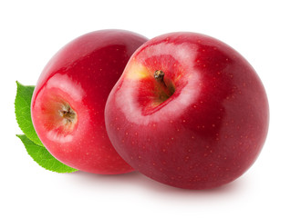 Isolated apples. Two whole red, pink apple fruit with leaves isolated on white with clipping path