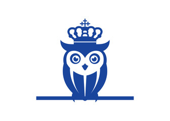 owl blue logo design with royal crown standing, waching