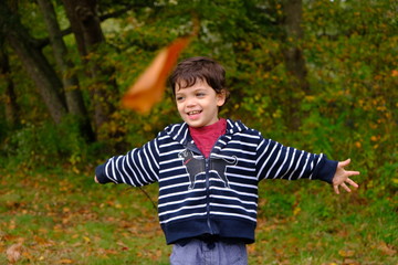child playing in autumn leaves