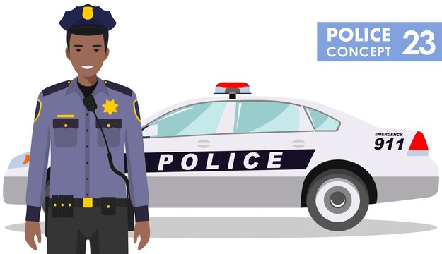 Police concept. Detailed illustration of african american policeman and car in flat style on white background. Vector illustration.