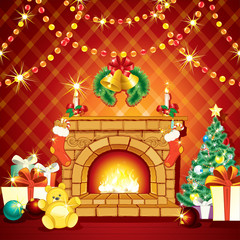 Festive Xmas Interior with Fireplase, Gifts and Pine Tree