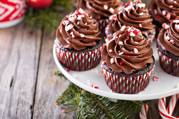 Chocolate peppermint cupcakes with candy cane